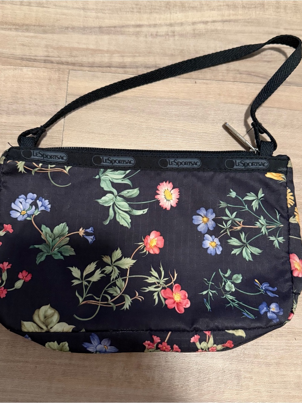 Lesportsac Black Floral Wristlet with Multicolor Blooms